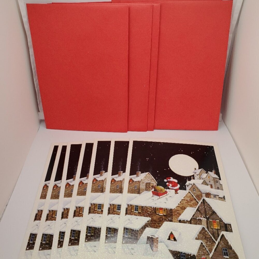 Lot of 7 Paper Magic Group Glitter Santa on Roof Holiday Cards and Envelopes